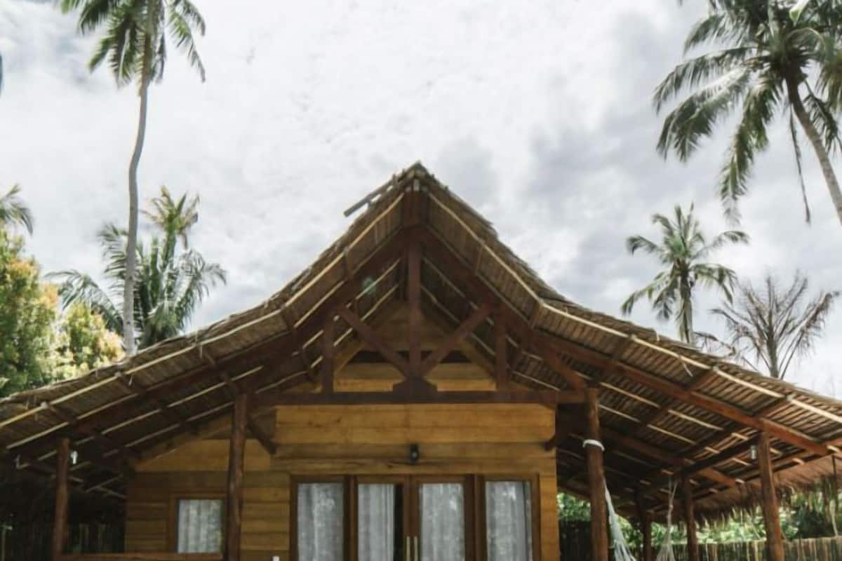 A wooden villa with a pool, featuring a thatched roof and a hammock.