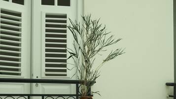 Mesa redonda con una planta en maceta, una silla y una barandilla frente a un edificio con contraventanas blancas y una ventana.