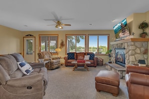 Smart TV, fireplace, DVD player, books