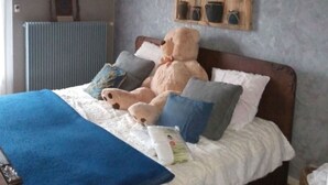 A bedroom with a bed, pillows, a teddy bear, a blue blanket, and a wooden shelf with mugs. - Vacation home rental near Colmar (Wickerschwihr)