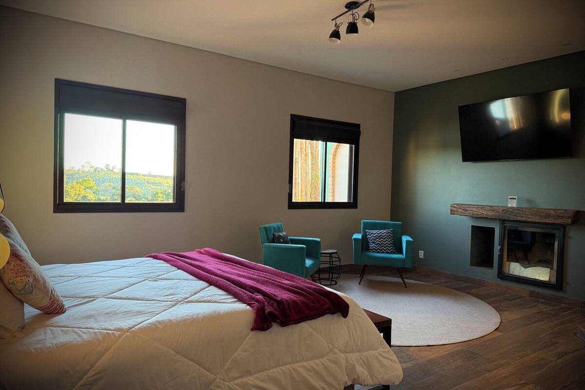 Un dormitorio con una cama grande, dos ventanas, un televisor y una chimenea.