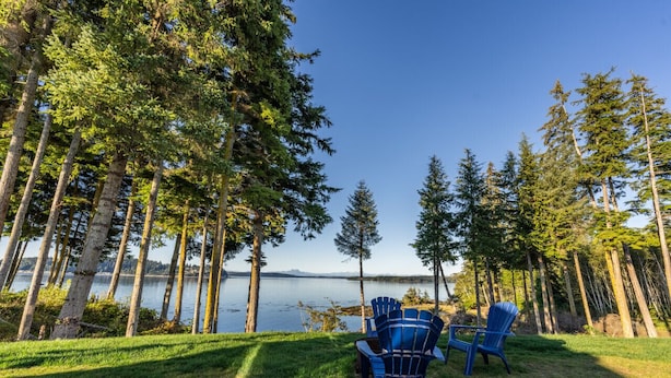 A lakeside view with two blue Adirondack chairs facing a calm lake, surrounded by tall evergreen trees.