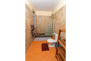 Douche, sèche-cheveux, serviettes fournies, savon