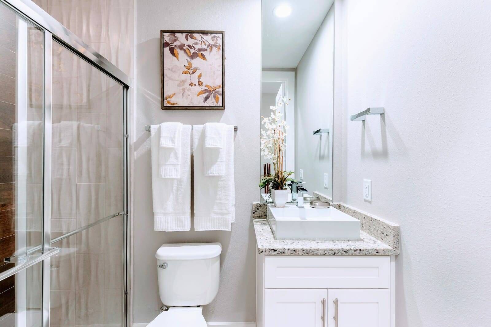 A modern bathroom with a glass shower enclosure, a white toilet, a large mirror, and a granite countertop with a sink and vanity.