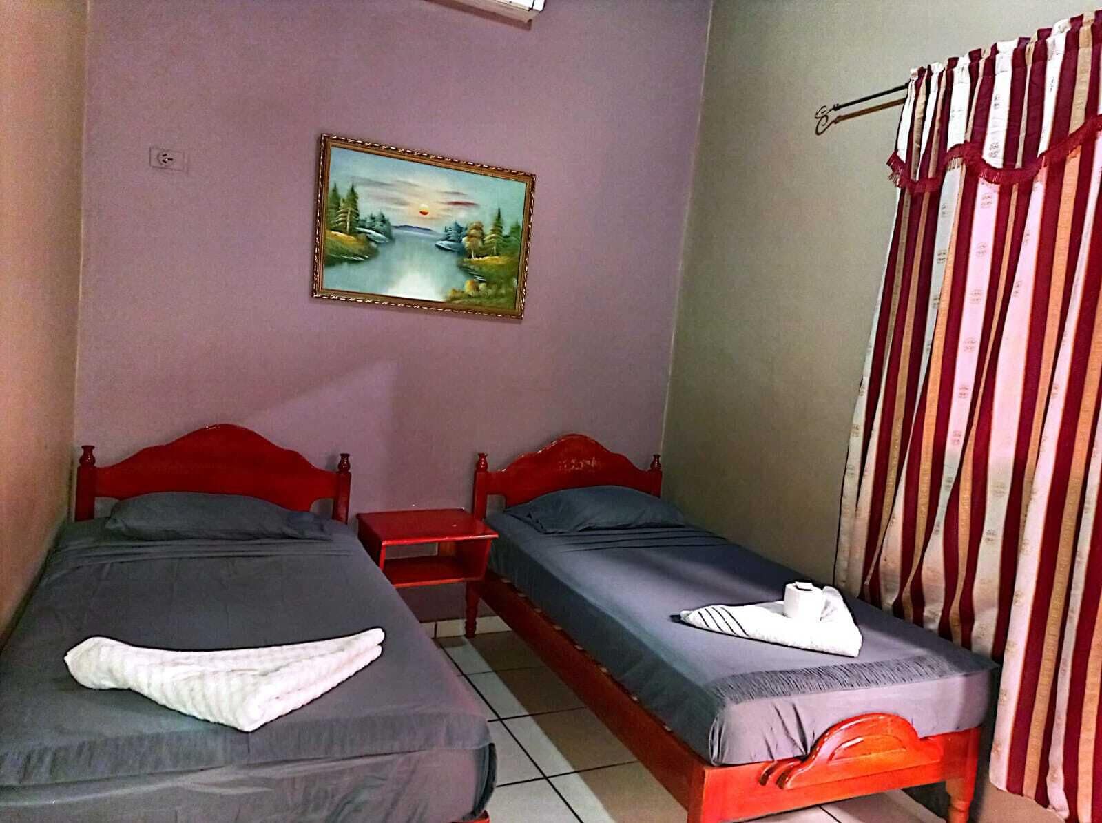Una habitación con dos camas, una mesita de noche, un cuadro en la pared y una cortina.