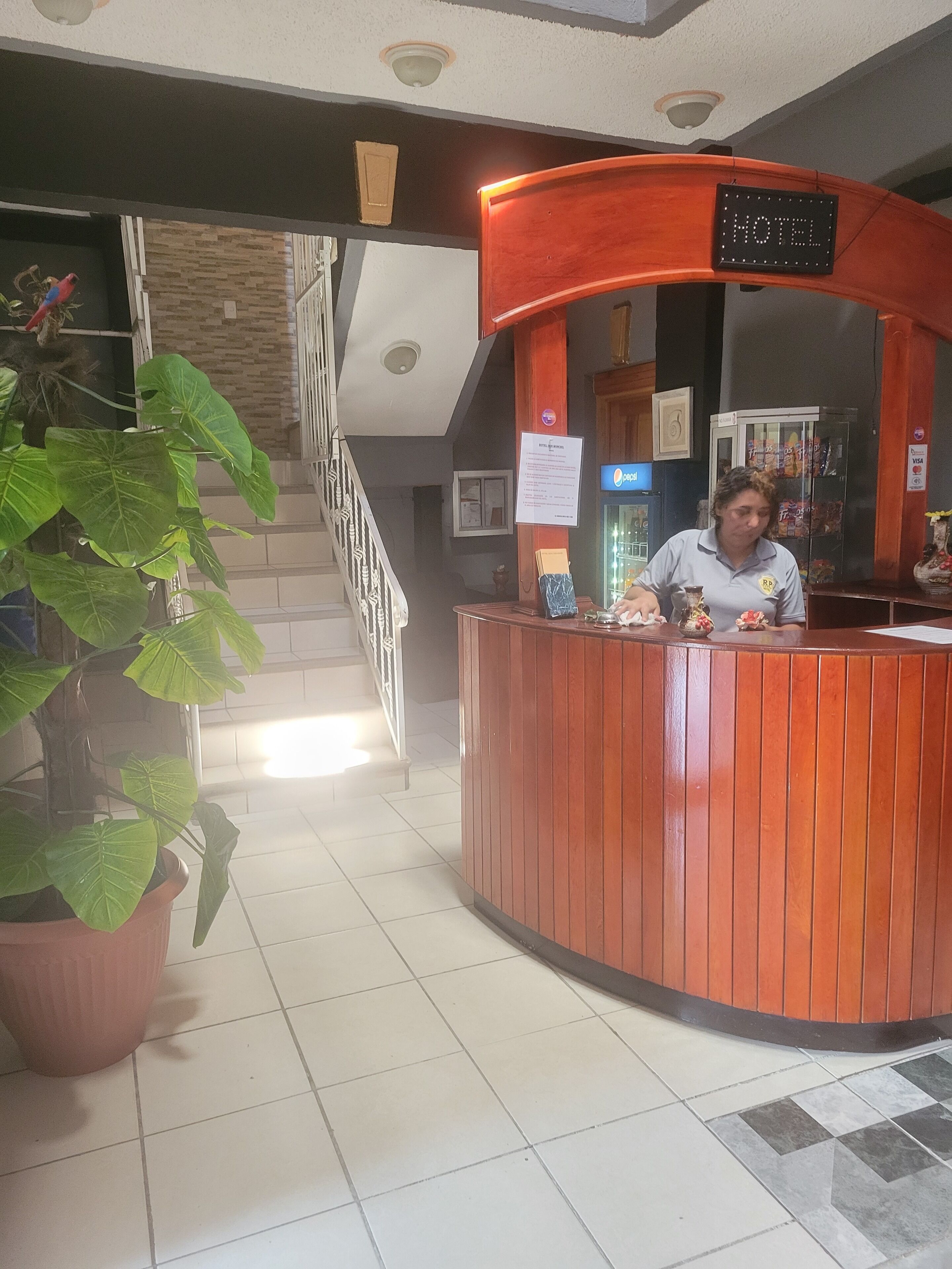 Una recepción de hotel con un letrero digital, una planta grande en maceta y una escalera al fondo.