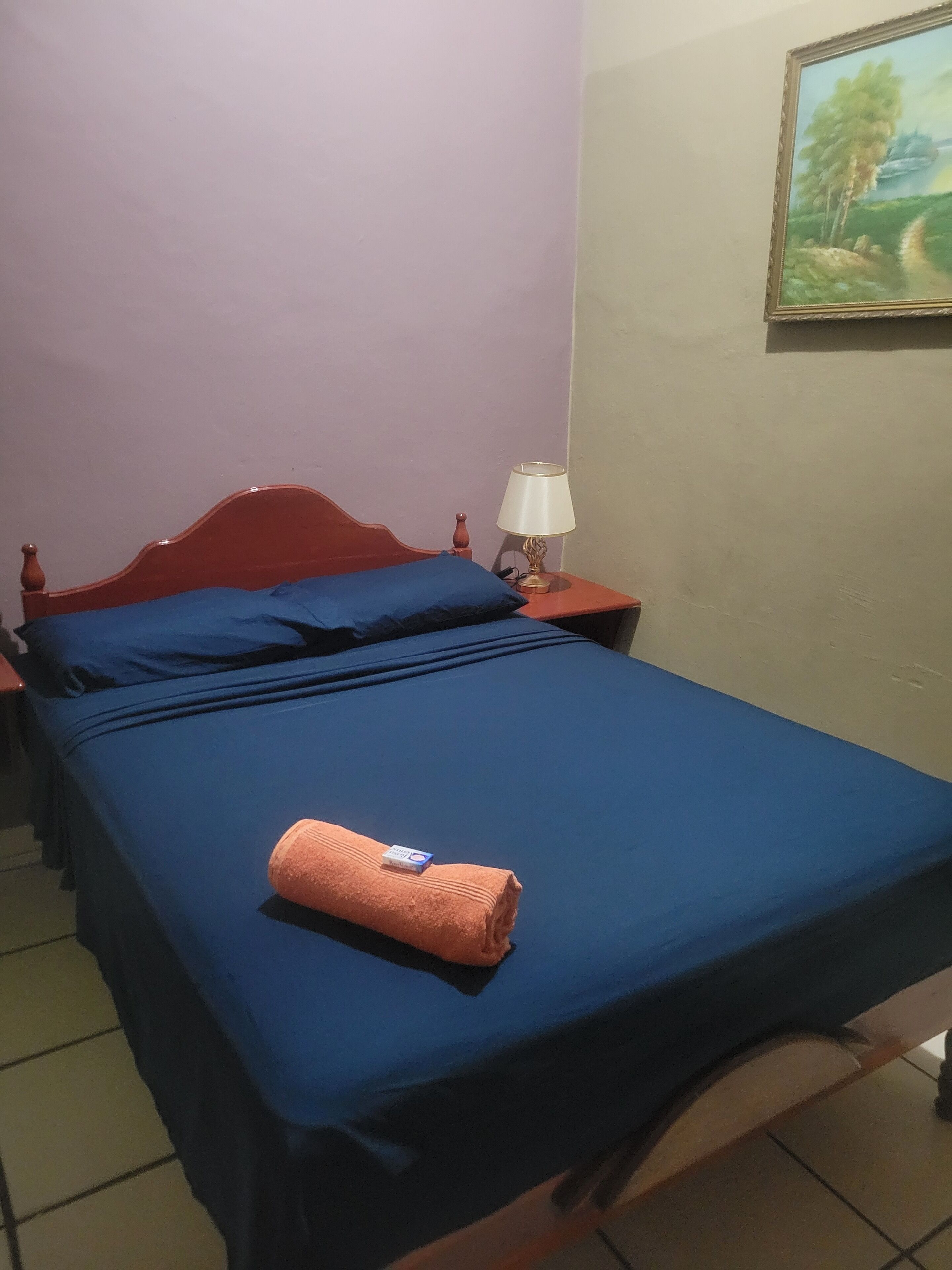 Una cama con ropa de cama azul y una toalla enrollada, una mesita de noche con lámpara, y un cuadro en la pared.