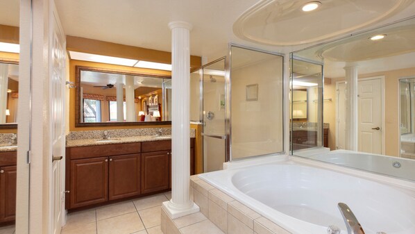 Shower, jetted tub, hair dryer, towels