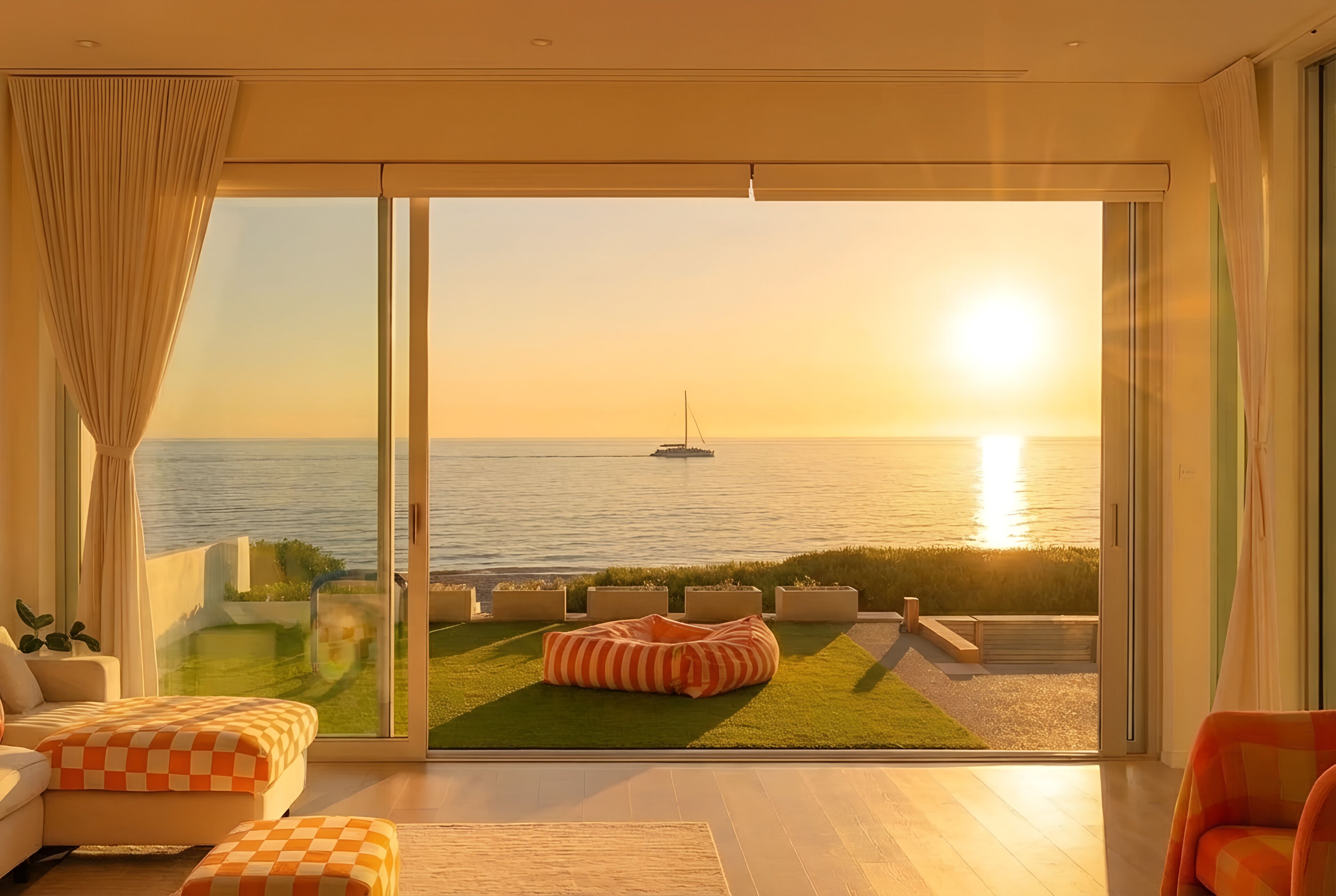 A modern living room with a large sliding glass door leading to a balcony with a view of the sea and a boat.