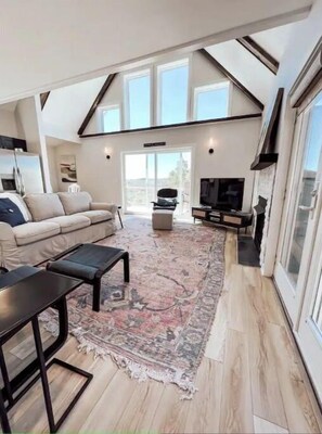 Smart TV, fireplace, books