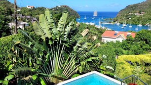 Ein tropisches Resort mit Pool, üppiger Bepflanzung und Blick auf einen Jachthafen mit Booten.