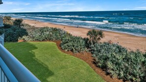 A beach view with a grassy area and tropical plants in the foreground.