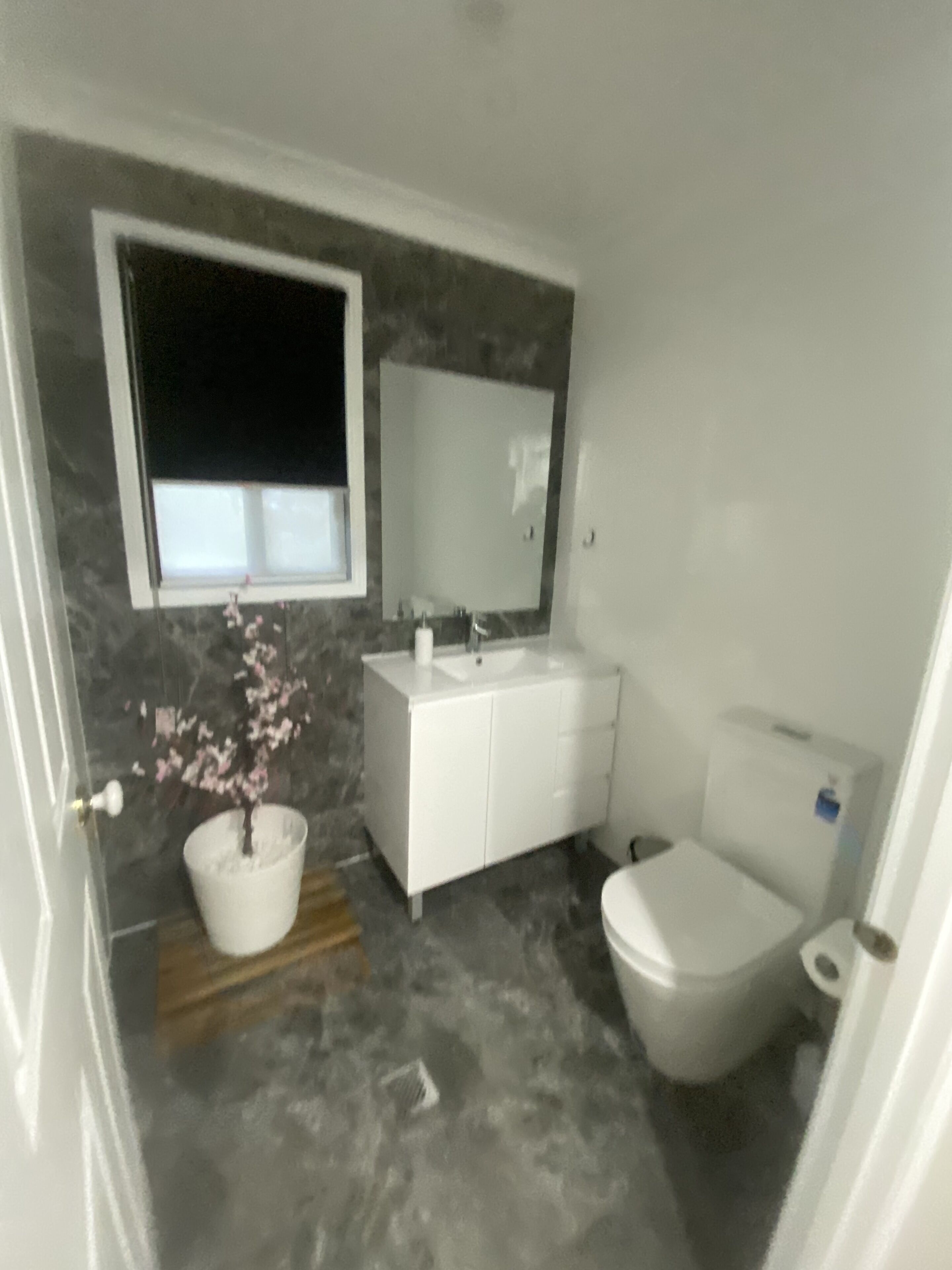 A bathroom with a white sink, a mirror above it, a toilet, and a potted plant with pink flowers.