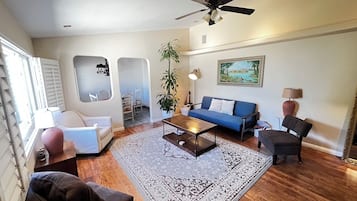 Smart TV, fireplace, books, stereo