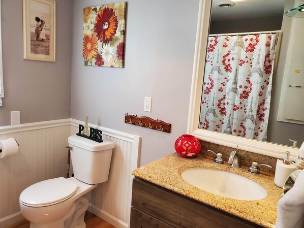 A bathroom with a toilet, sink, and a shower curtain with a floral pattern.