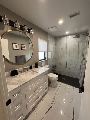 Shower, hair dryer, towels, soap