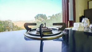 A gas stove on a reflective surface with a view of greenery and a window in the background. - Kia Kasauli - 3 BHK, Villa with Kitchen+BonFire+Cook (Kasauli)