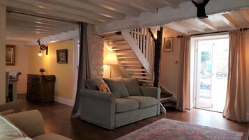 Smart TV, fireplace, books