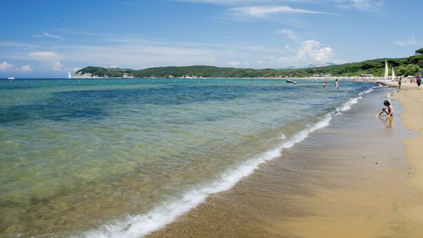 A beach with clear water, sandy shore, and distant hills. - Vacation house with pool and garden (Campiglia Marittima)