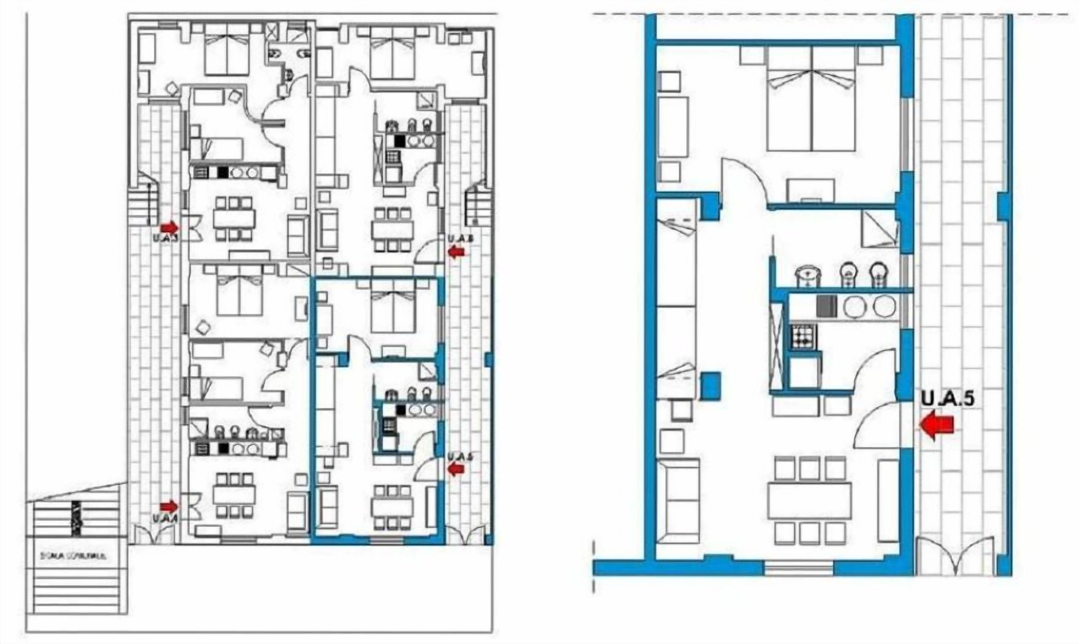 Un plan d’étage d’un hôtel comprenant plusieurs chambres, un espace cuisine et un coin repas.