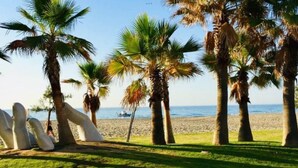 Una playa con palmeras y una zona cubierta de césped.