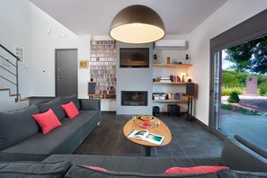 TV connectée, cheminée, médiathèque, chaîne hi-fi