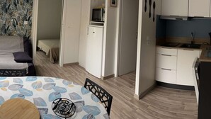 A compact living space with a kitchenette, a dining area, and a bedroom. - T2bis Apartment - Near center - 4/6 people - Mountain view (Cauterets)