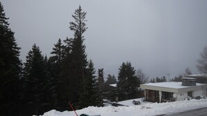En modern byggnad med ett platt tak och en satellitantenn, omgiven av snö och höga, vintergröna träd.