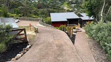 A concrete pathway leading to a building with a metal roof, surrounded by greenery and residential houses in the background.