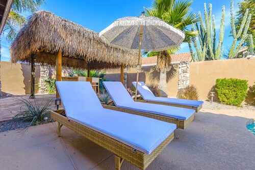 Boho 4BR Retreat | Heated Pool + Spa + Tiki Bar