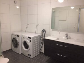 Shower, hair dryer, towels, soap - Northern lights apartment with private beachfront (Troms og Finnmark)