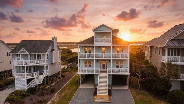 A multi-story coastal house with a balcony, a staircase leading to the upper floor, and a view of the sunset over the water. - Ocean Sounds: Spacious 7BR oceanview beach house in North Topsail with ocean views! (North Topsail Beach)