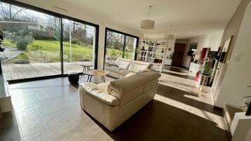 TV connectée, cheminée, lecteur de DVD, table de tennis de table