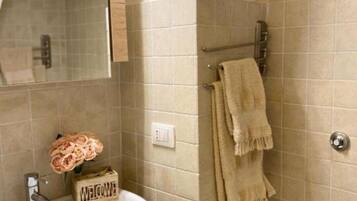 Shower, hair dryer, bidet, towels