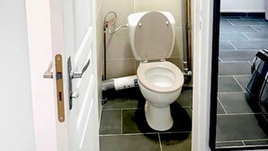 A bathroom with a toilet, a shower, and a sink.