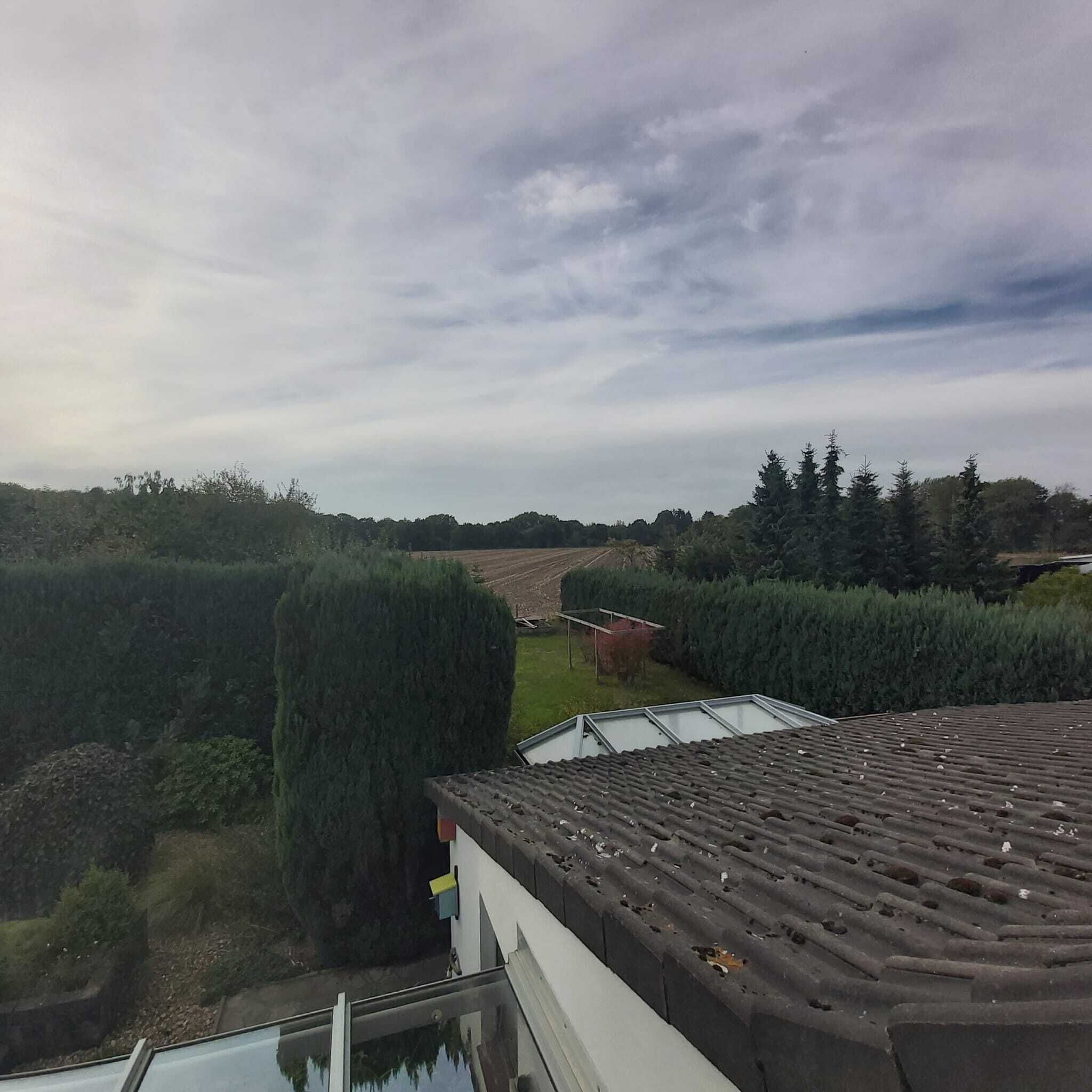 Eine Dachterrasse mit Ziegeldach, Glasgeländer und Blick auf eine grüne Landschaft mit Bäumen und einem Feld.