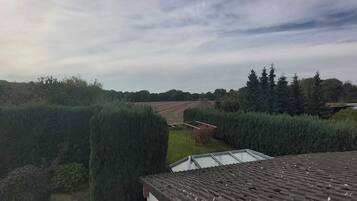Eine Dachterrasse mit Ziegeldach, Glasgeländer und Blick auf eine grüne Landschaft mit Bäumen und einem Feld.