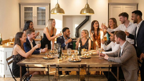 Un grupo de personas cenando en una mesa de madera, con una cocina moderna al fondo.