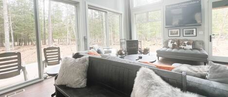 Smart TV, fireplace, books, printers