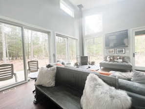 Smart TV, chimenea, libros y impresora