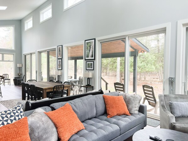 Smart TV, chimenea, libros y impresora