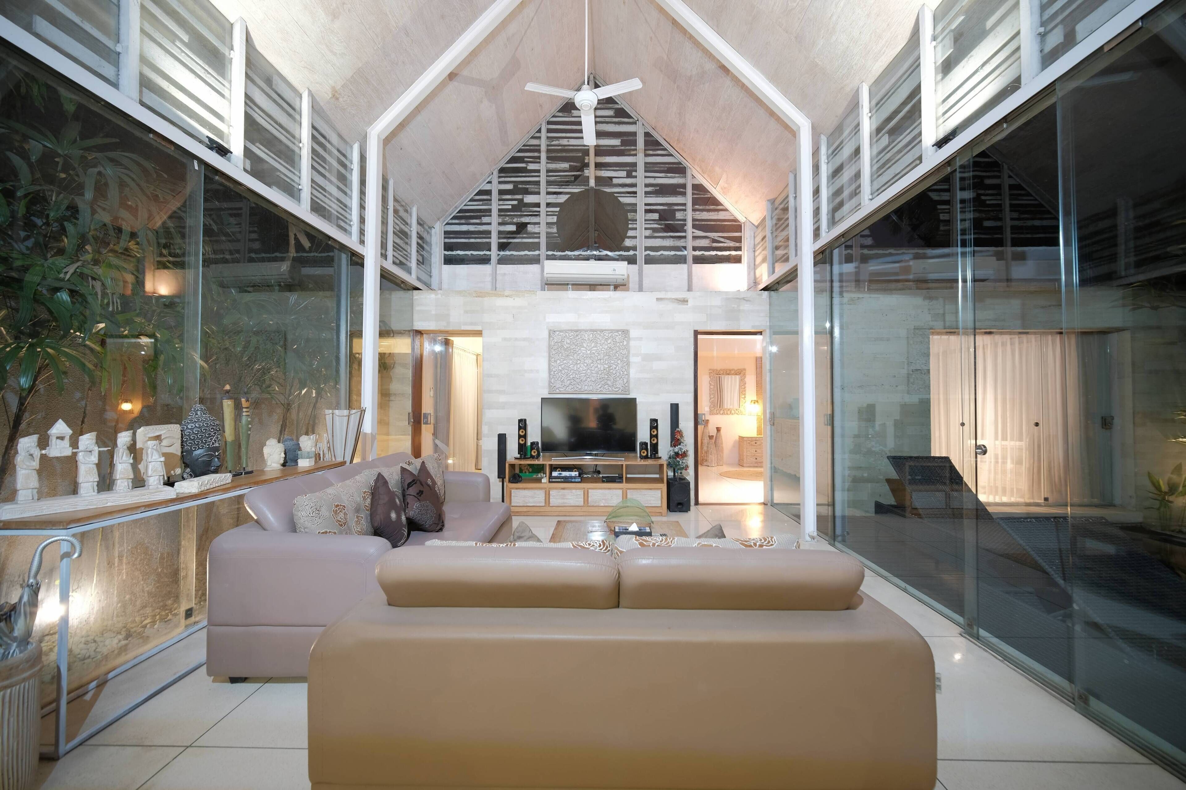 Family Villa, 3 Bedrooms, Pool View | Living area | 50-inch LED TV with digital channels, TV, stereo