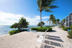 On the beach, sun loungers, beach towels
