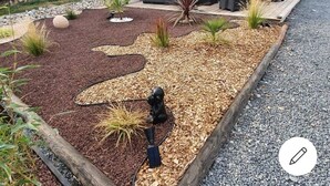 Un jardin avec un sentier sinueux, un panneau solaire et une statue.