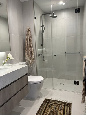 Dusche, Haartrockner, Handtücher, Seife
