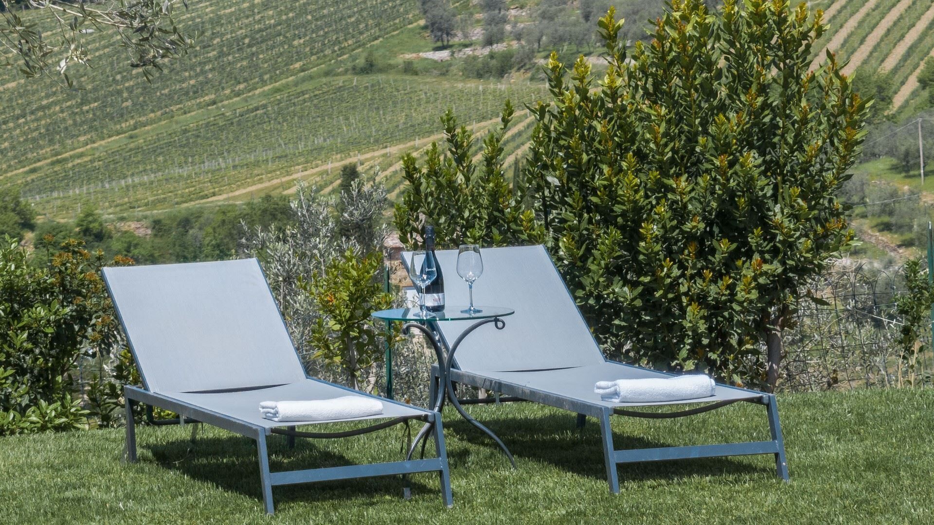 Deux fauteuils de relaxation avec des serviettes, une table avec une bouteille et un verre, et une vue sur un vignoble.