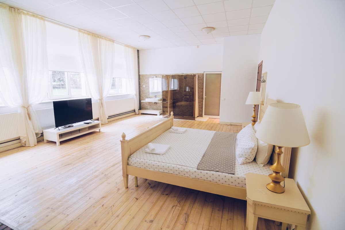 A spacious bedroom with a large bed, a television, a bedside table with a lamp, and a bathroom with a shower and toilet.