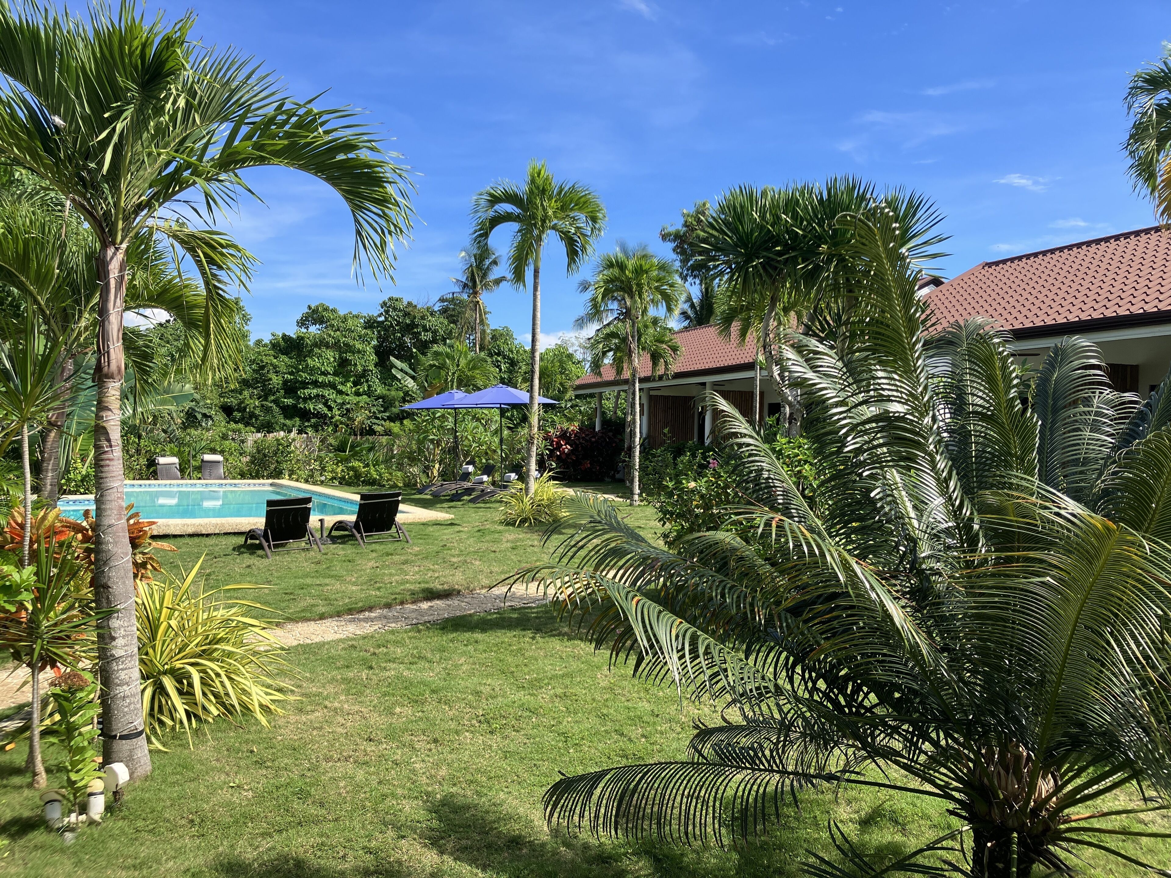 A pool area with lounge chairs and a covered seating area, surrounded by palm trees and a well-maintained lawn.