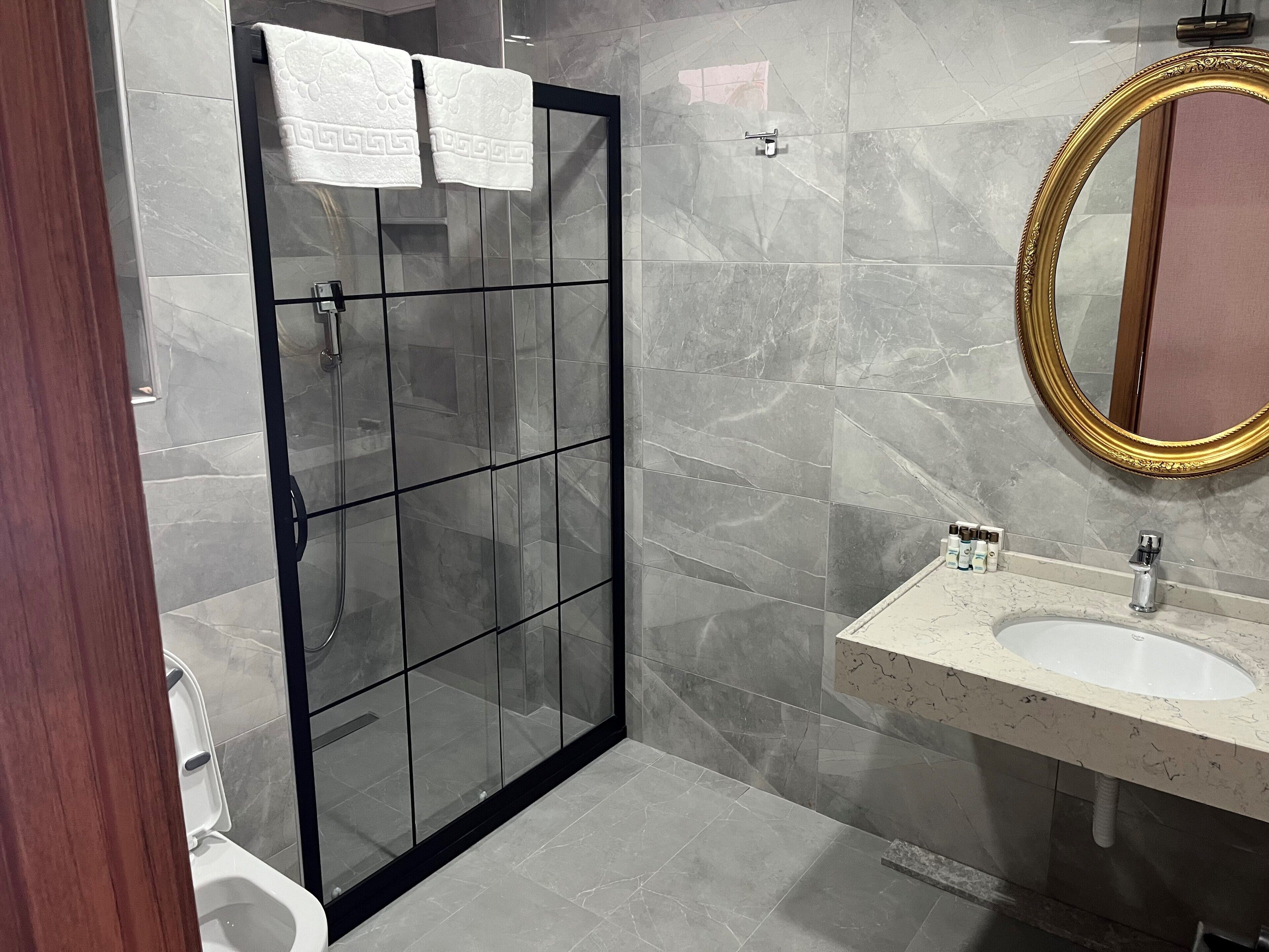 A modern bathroom with a glass-enclosed shower, a marble-tiled wall, a sink with a gold-framed mirror, and a toilet.