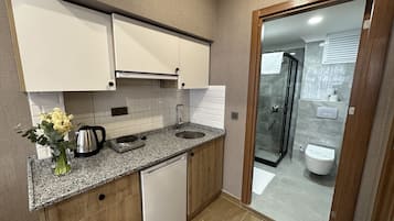 Family Suite with Park View | Cocina privada | Frigorífico pequeño, placa de cocina y utensilios de cocina